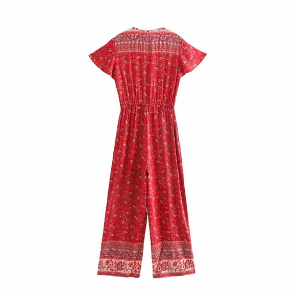 Boho gypsy Red floral v neck wide leg jumpsuit - Picture 8 of 9